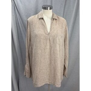 J.Jill Love Linen Tunic Top XL Beige Oatmeal V-Neck Roll Tab Long Sleeve Blouse